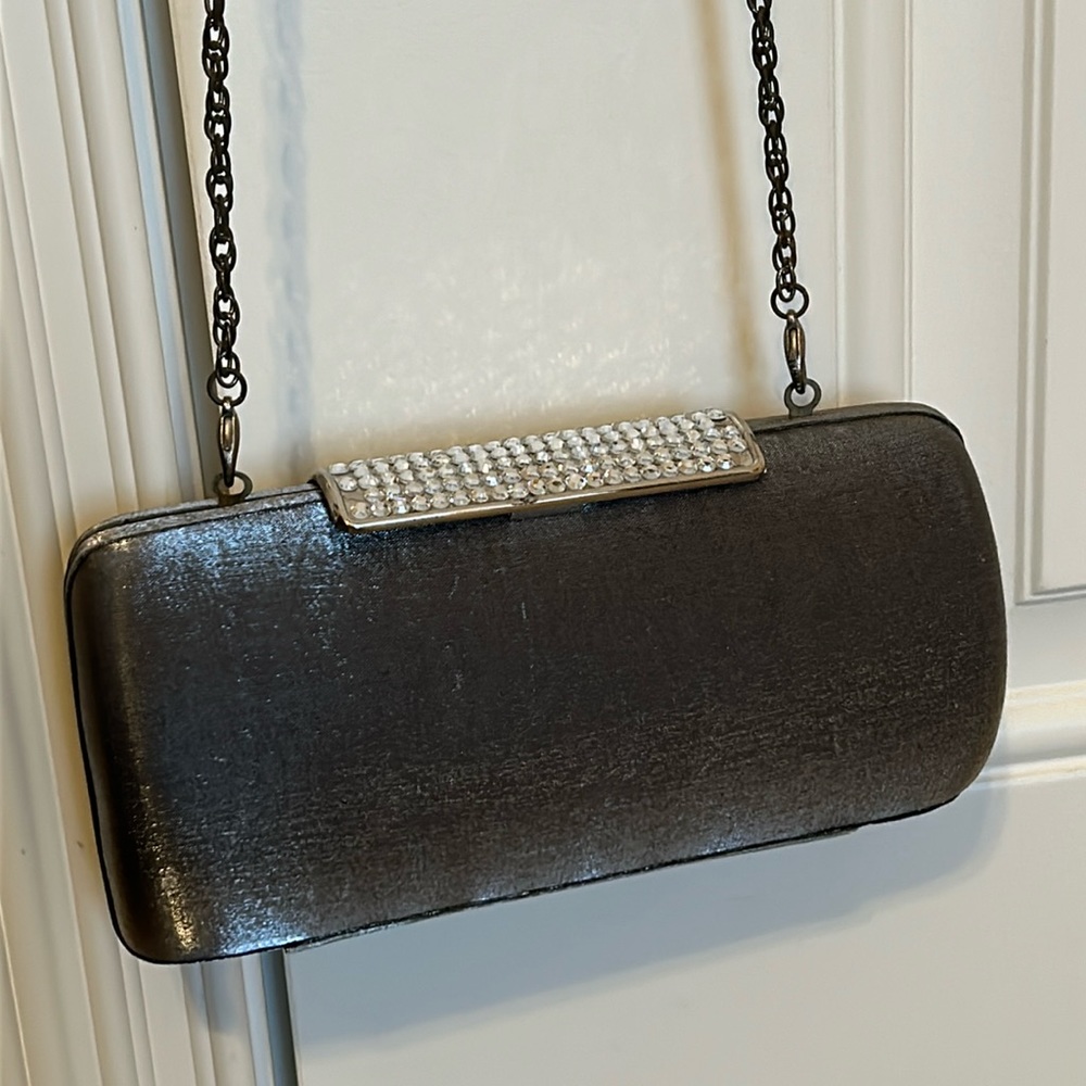 Vintage rhinestone silver velvet steel clutch shoulder bag - Picture 1 of 9